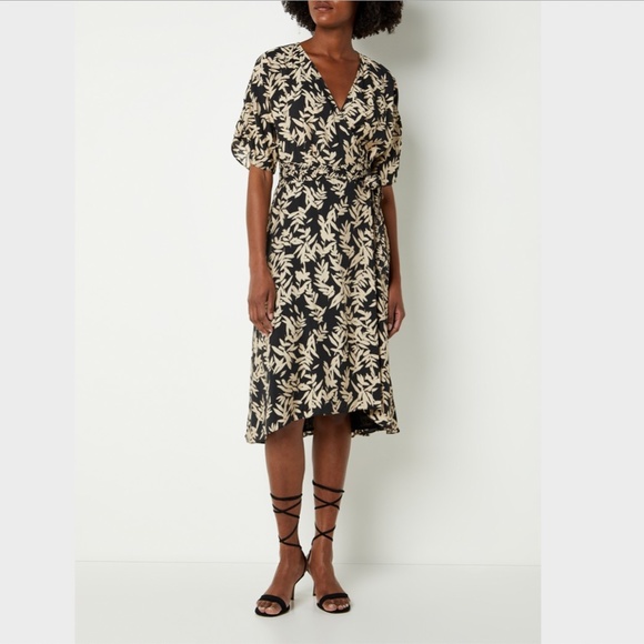 ba&sh Dresses & Skirts - NEW! ba&sh Tabby Wrap Dress Black & Beige Print Midi Length + ba&sh Tote - XS